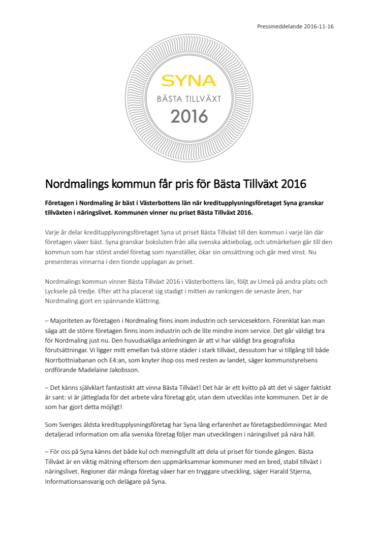 Nordmalings kommun får pris för Bästa Tillväxt 2016