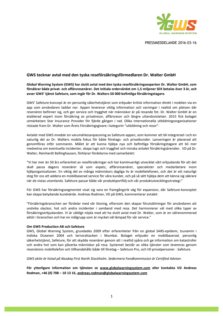 GWS tecknar avtal med den tyska reseförsäkringsförmedlaren Dr. Walter GmbH