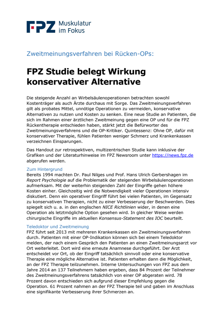 Zweitmeinungsverfahren bei Rücken-OPs: FPZ Studie belegt Wirkung konservativer Alternative