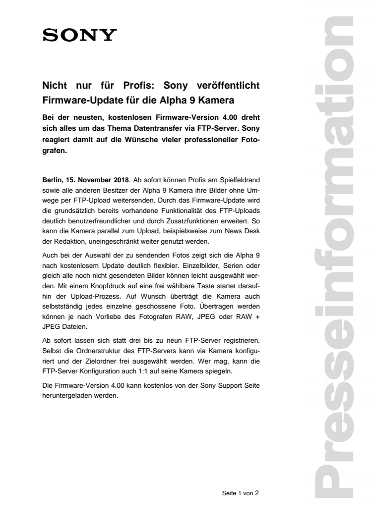 Nicht nur für Profis: Sony veröffentlicht Firmware-Update für die Alpha 9 Kamera