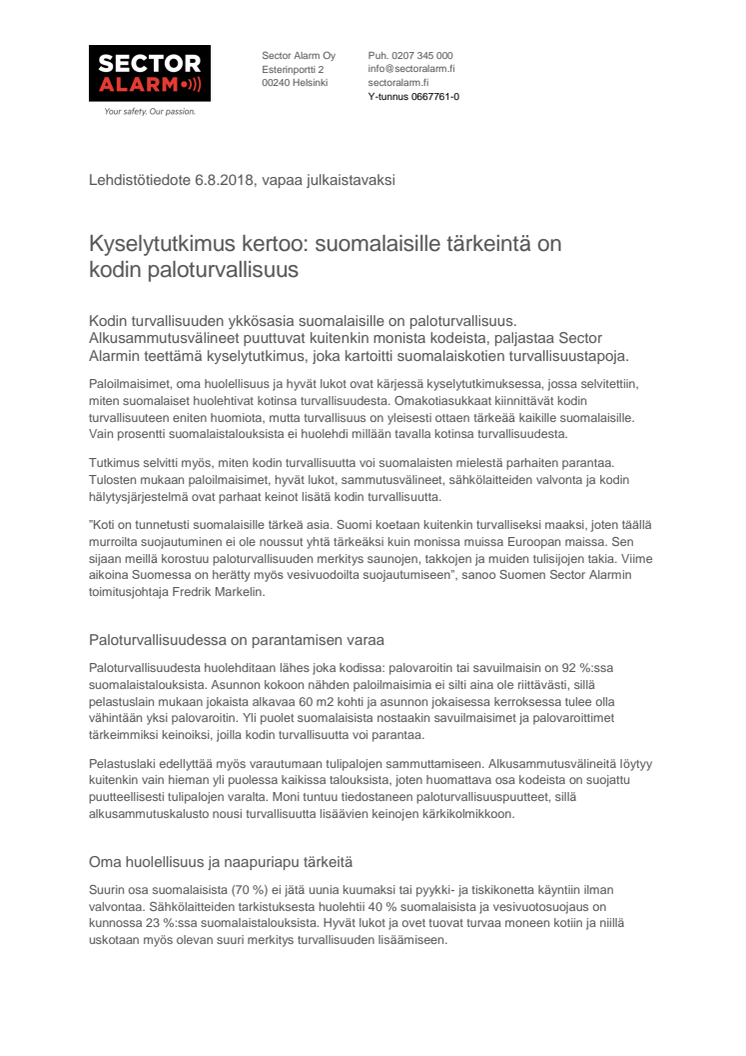 Kyselytutkimus kertoo: suomalaisille tärkeintä on kodin paloturvallisuus