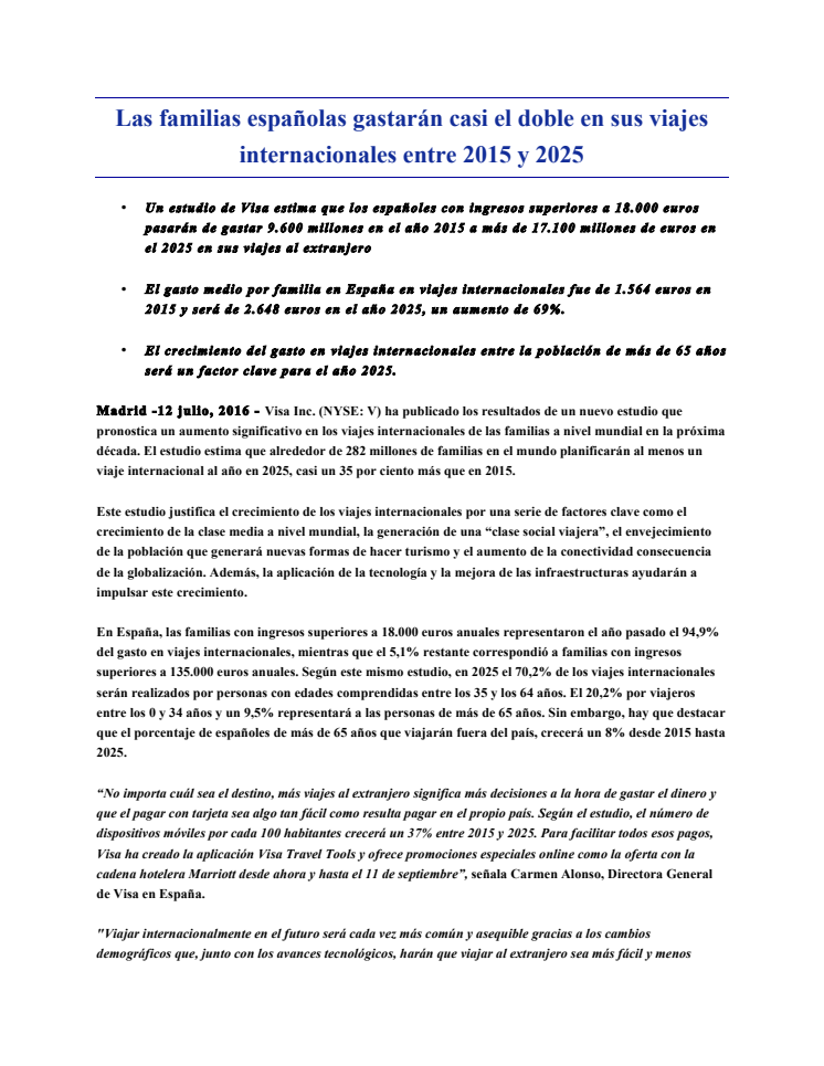 Las familias españolas gastarán casi el doble en sus viajes internacionales entre 2015 y 2025