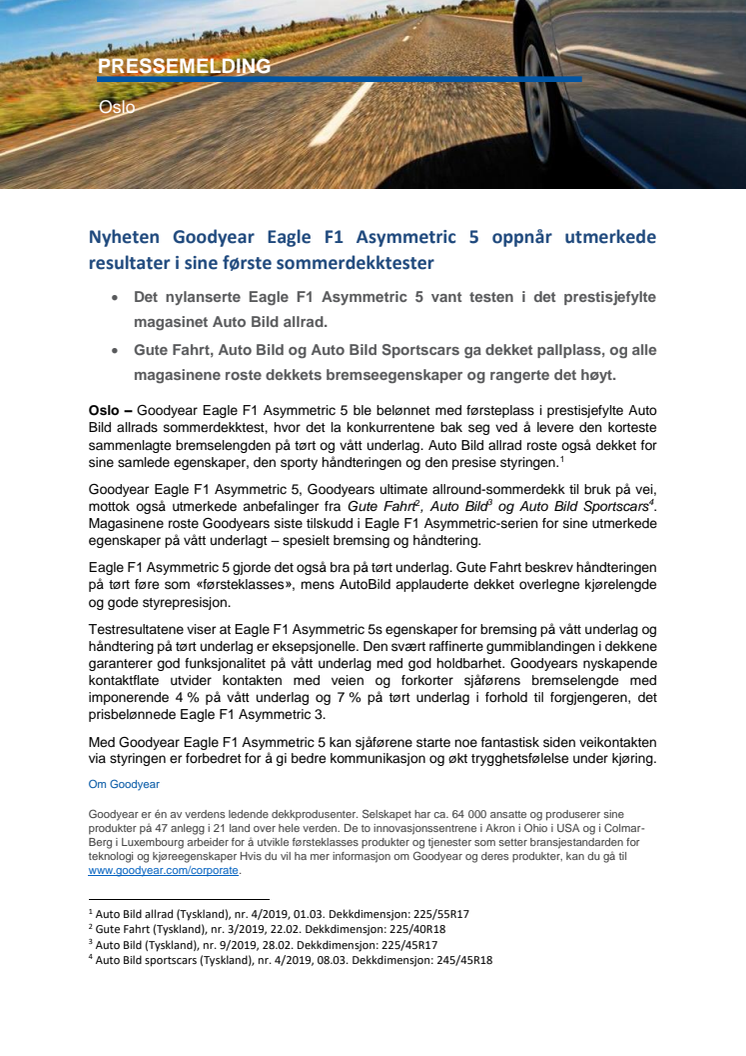 Nyheten Goodyear Eagle F1 Asymmetric 5 oppnår utmerkede resultater i sine første sommerdekktester