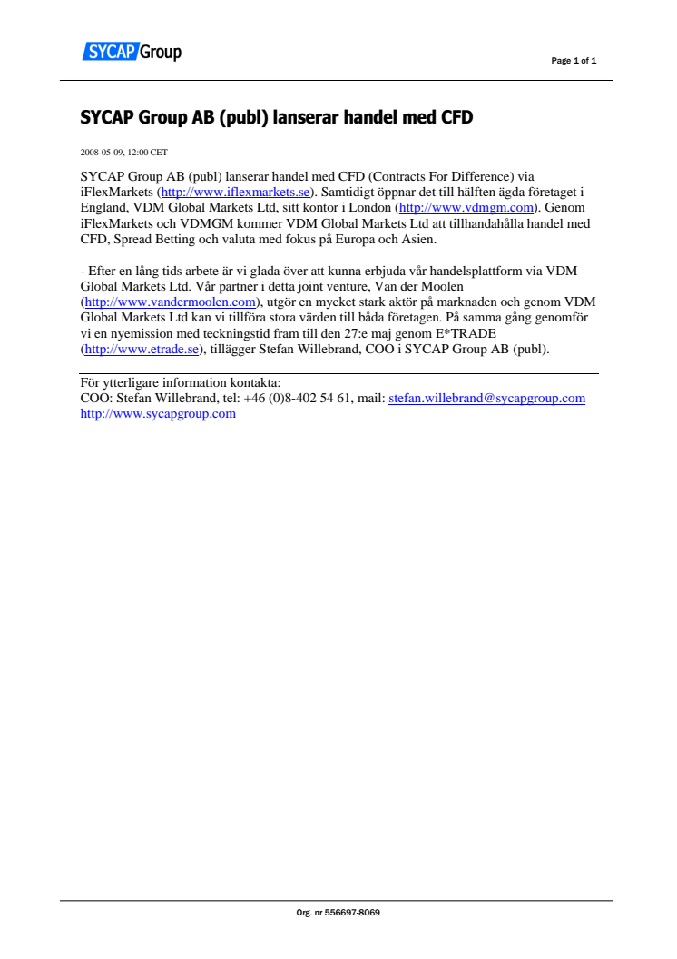 SYCAP Group AB (publ) lanserar handel med CFD