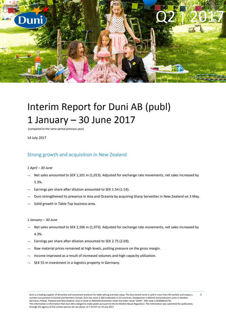 Interim Report for Duni AB (publ) 1 January – 30 June 2017
