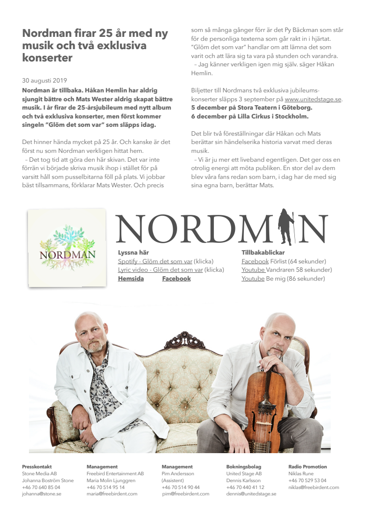 ​Nordman firar 25 år med ny musik och två exklusiva konserter!