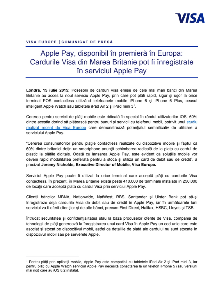 Apple Pay, disponibil în premieră în Europa: Cardurile Visa din Marea Britanie pot fi înregistrate în serviciul Apple Pay