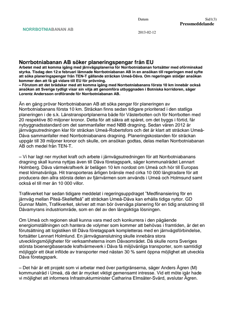 Norrbotniabanan AB söker planeringspengar från EU