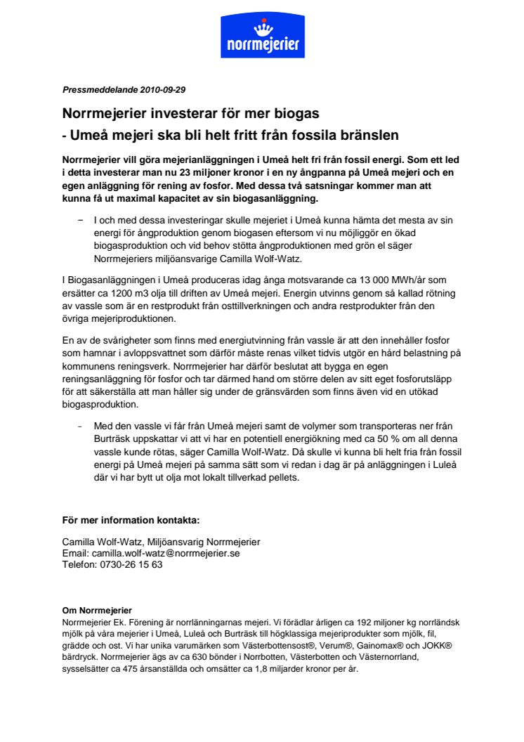 Norrmejerier investerar för mer biogas - Umeå mejeri ska bli helt fritt från fossila bränslen