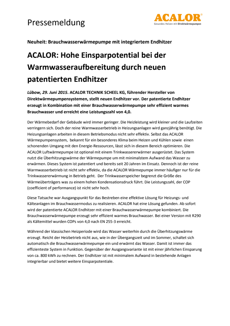 ACALOR: Hohes Einsparpotential bei der Warmwasseraufbereitung durch neuen patentierten Endhitzer