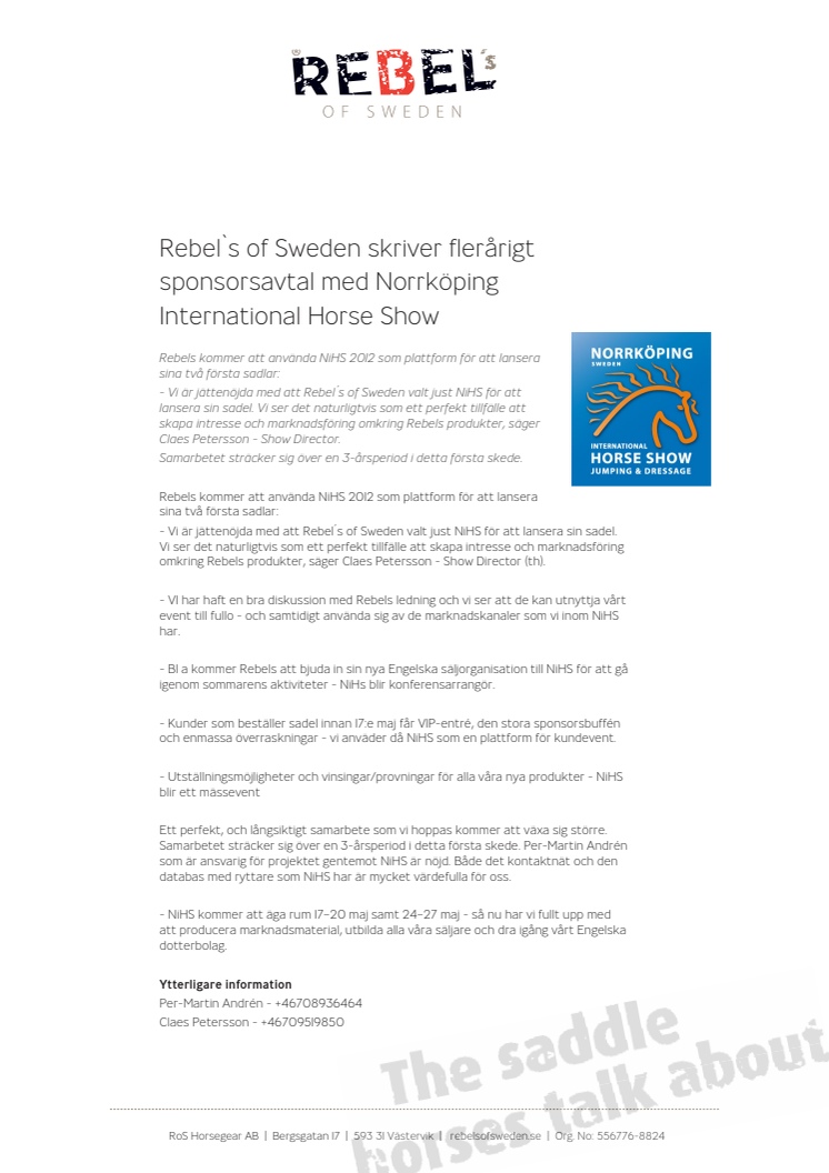 Rebel`s of Sweden skriver flerårigt sponsorsavtal med Norrköping International Horse Show