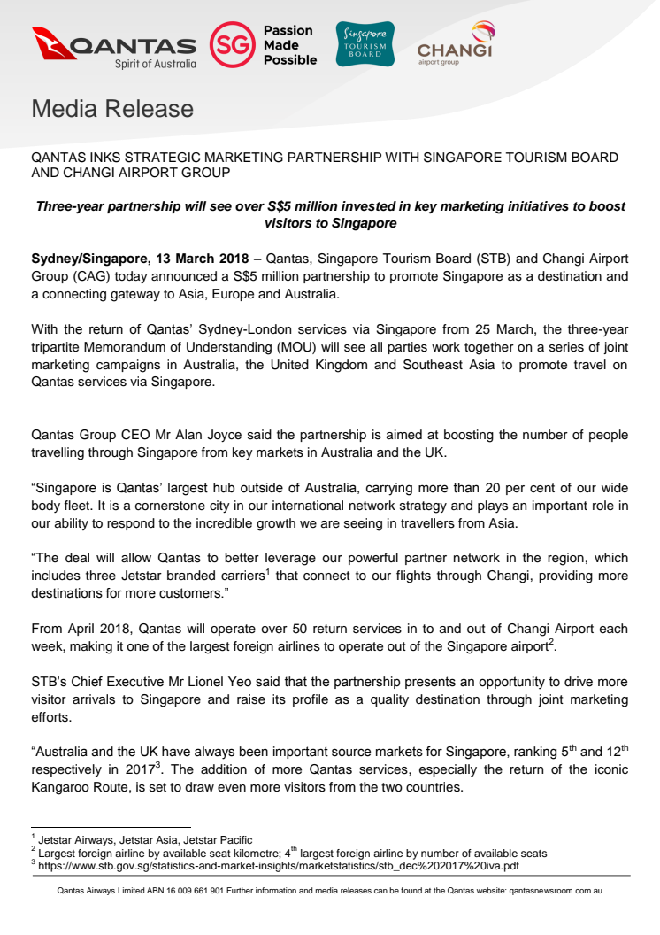 Qantas inks Strategic Marketing Partnership with Singapore Tourism Board and Changi Airport Group