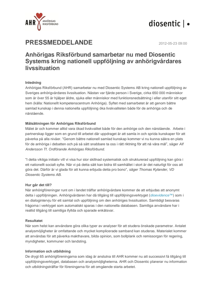 Anhörigas Riksförbund samarbetar nu med Diosentic Systems kring nationell uppföljning av anhörigvårdares livssituation