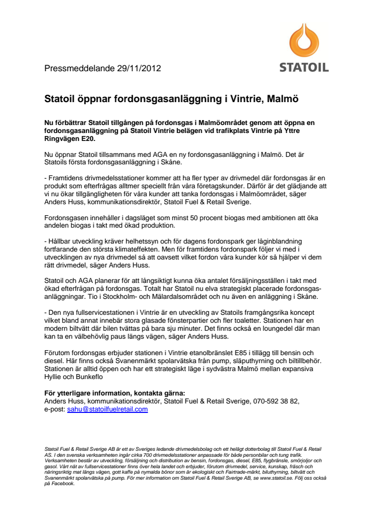 Statoil öppnar fordonsgasanläggning i Vintrie, Malmö