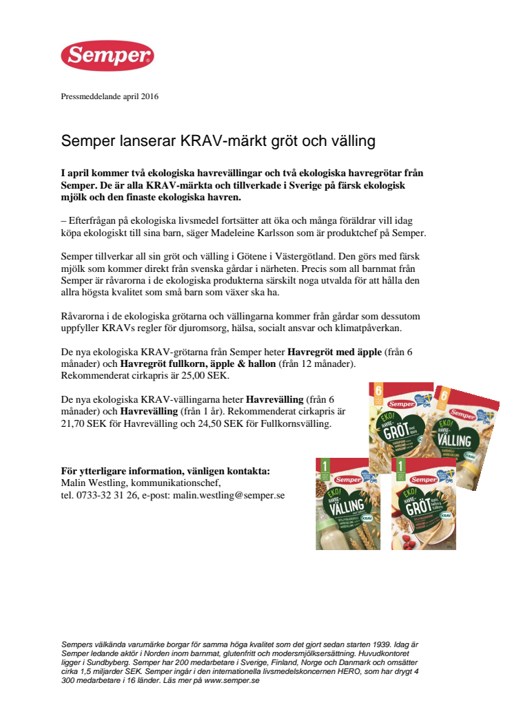 Semper lanserar KRAV-märkt gröt och välling 