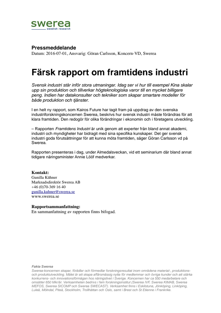 Färsk rapport om framtidens industri