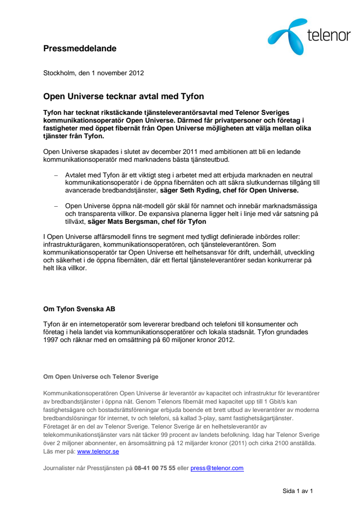 Open Universe tecknar avtal med Tyfon