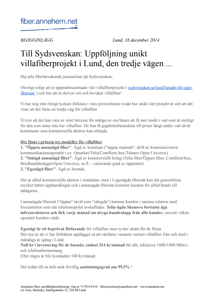 Till Journalister: Uppföljning unikt villafiberprojekt i Lund, den tredje vägen ...