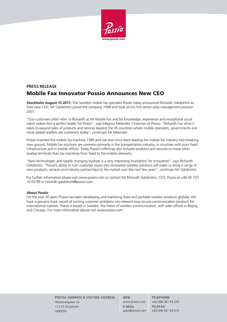 Mobile Fax Innovator Possio announces new CEO