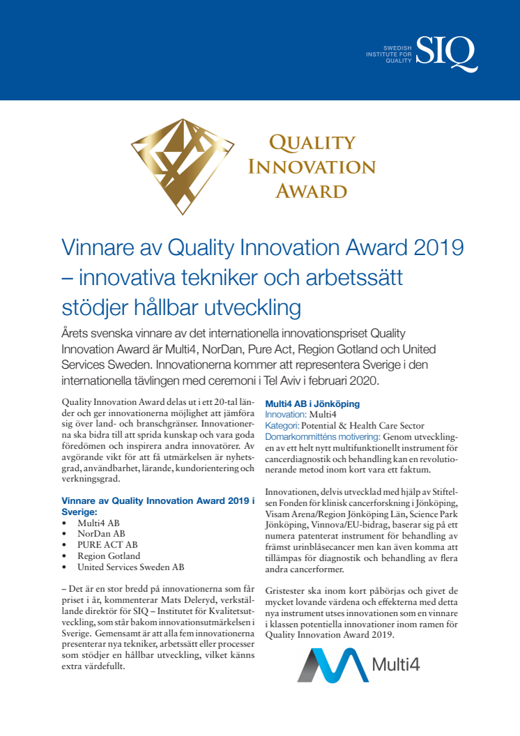 Quality Innovation Award 2019 – innovativa tekniker och arbetssätt stödjer hållbar utveckling