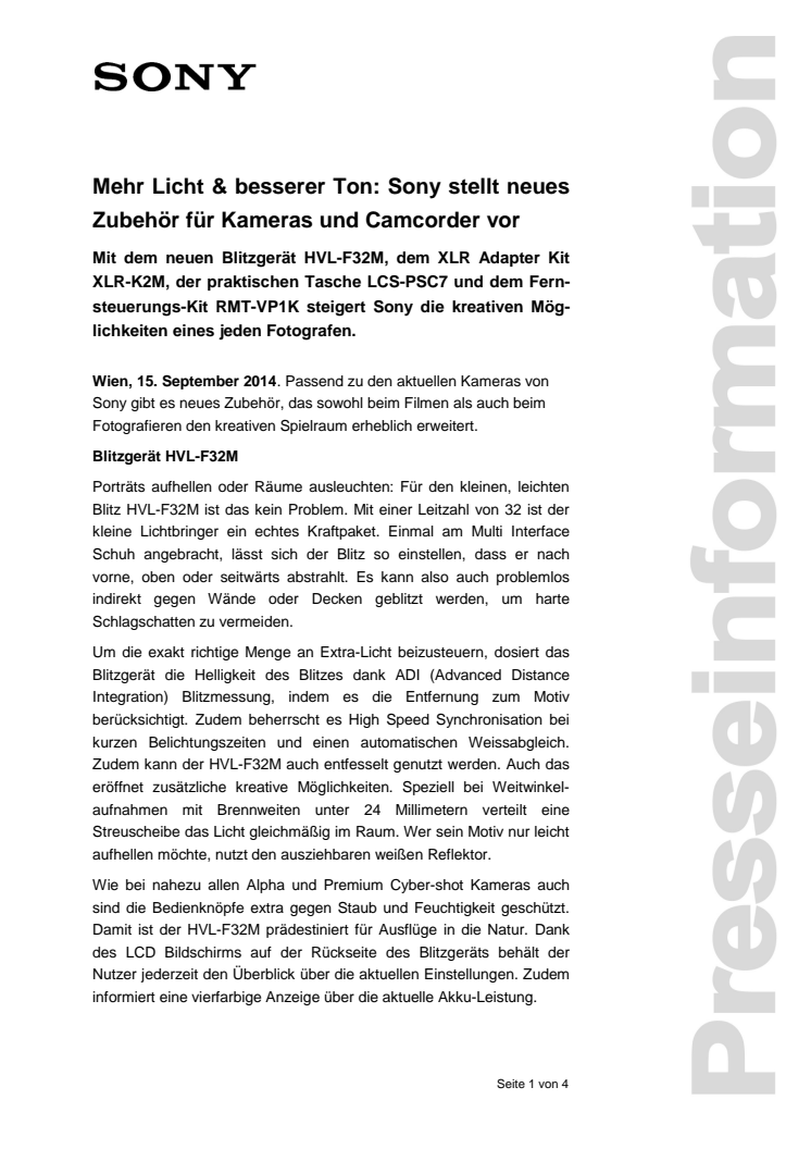 Pressemitteilung "Mehr Licht & besserer Ton: Sony stellt neues Zubehör für Kameras und Camcorder vor"