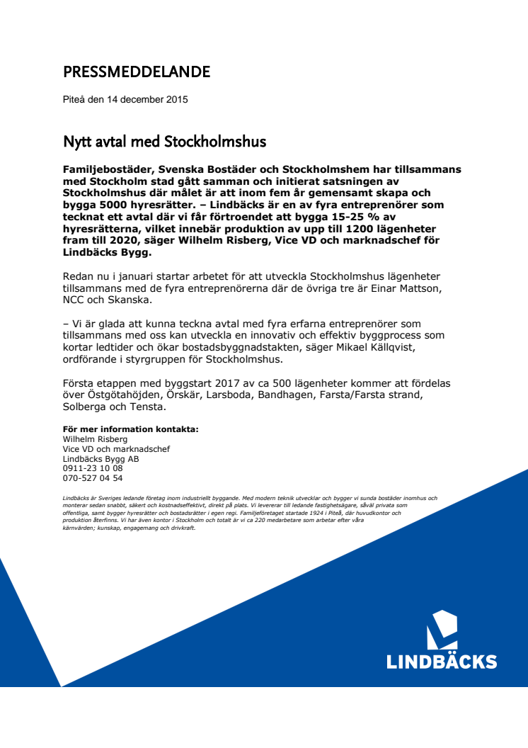 Lindbäcks i nytt avtal med Stockholmshus