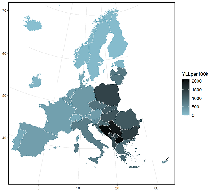 aar med tapte liv per 100 000 innbyggere pga PM2-5_figur_EEA_web