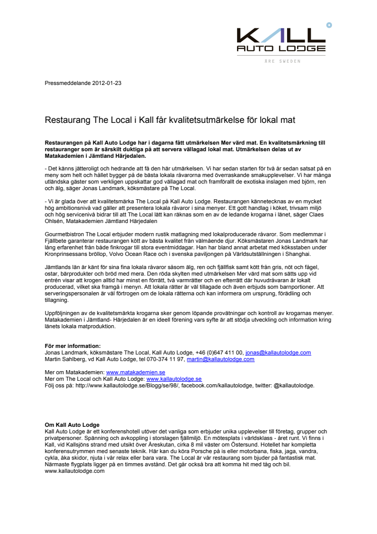 Restaurang The Local i Kall får kvalitetsutmärkelse för lokal mat  