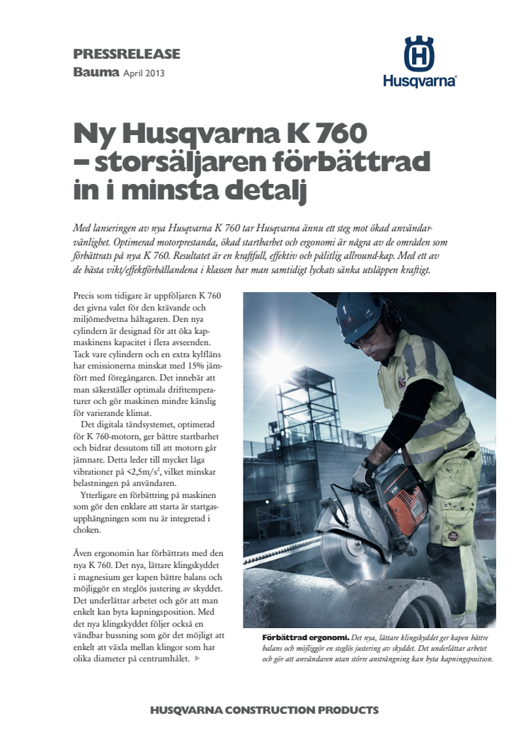 Bauma: Ny Husqvarna K 760 – storsäljaren förbättradin i minsta detalj