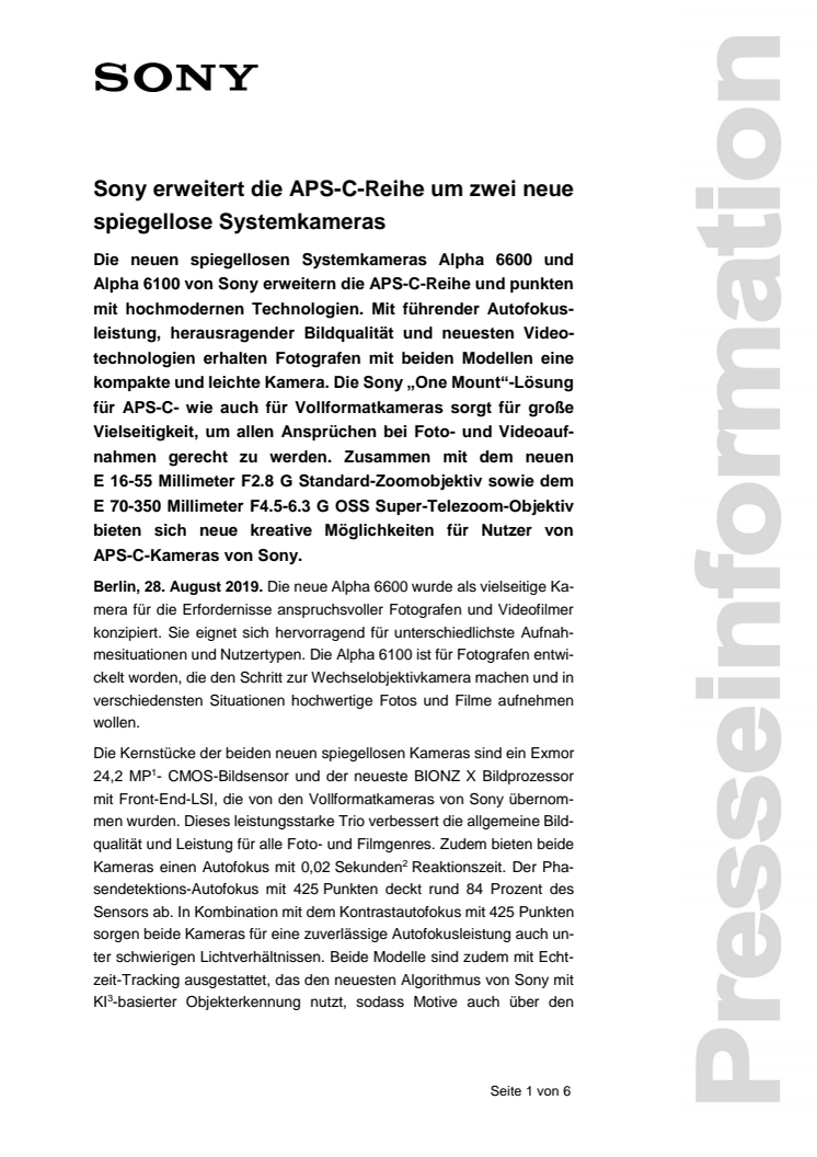 Sony erweitert die APS-C-Reihe um zwei neue spiegellose Systemkameras 