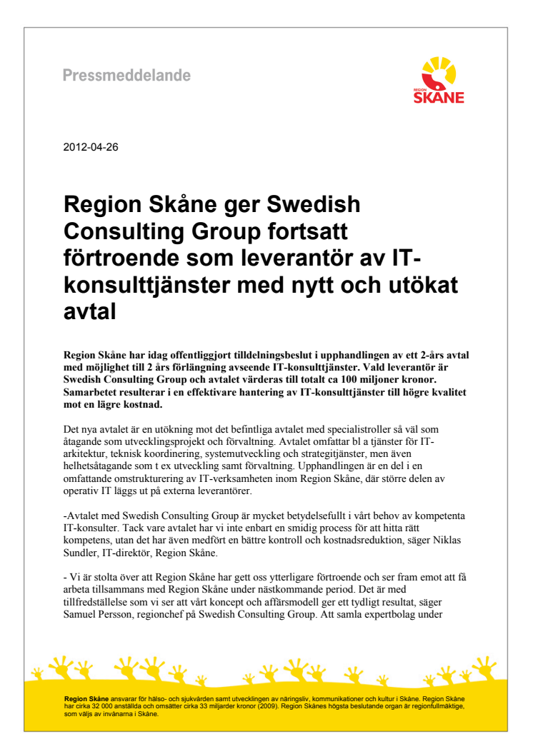 Region Skåne ger Swedish Consulting Group fortsatt förtroende som leverantör av IT-konsulttjänster med nytt och utökat avtal