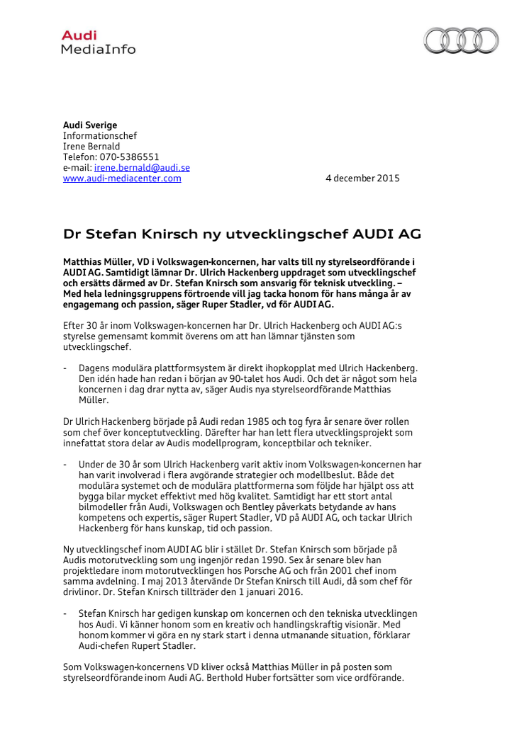 Dr Stefan Knirsch ny utvecklingschef AUDI AG