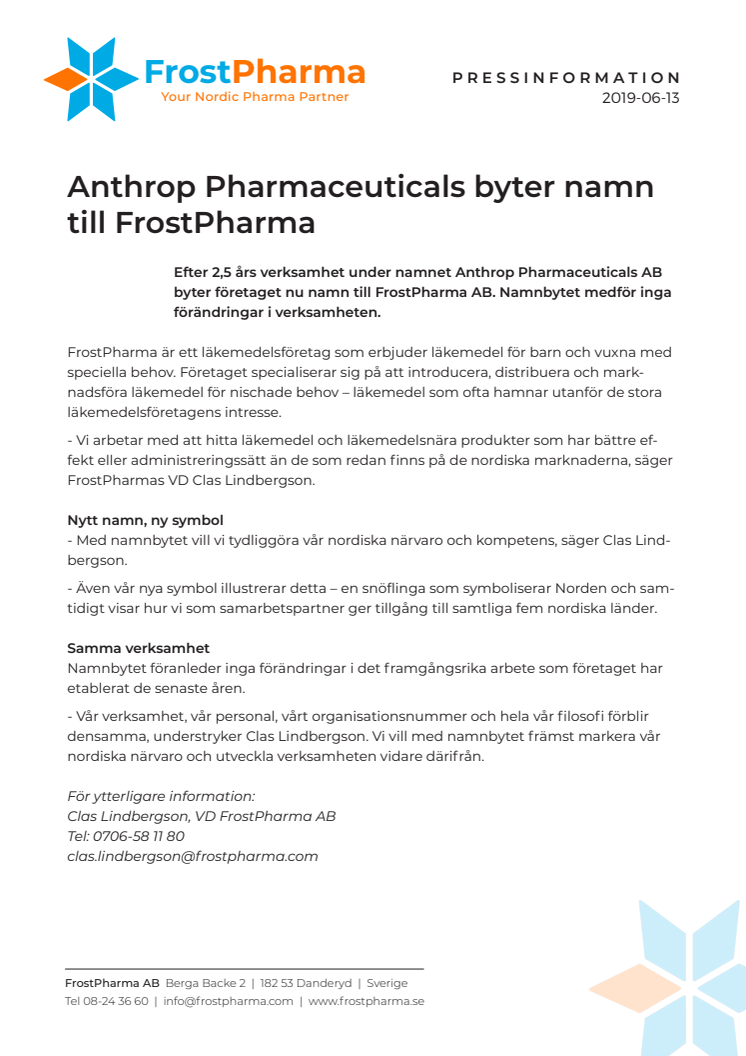 Anthrop Pharmaceuticals byter namn till FrostPharma
