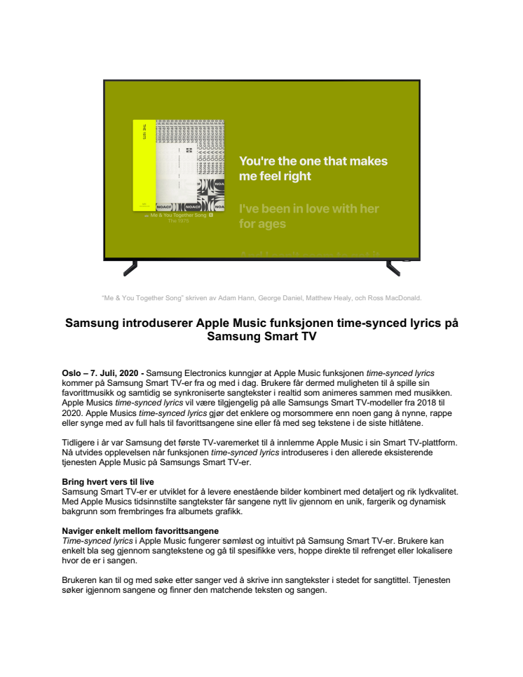 Samsung introduserer Apple Music funksjonen time-synced lyrics på Samsung Smart TV