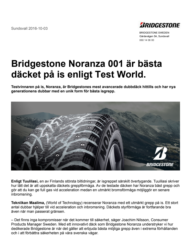 Bridgestone Noranza 001 är bästa däcket på is enligt Test World