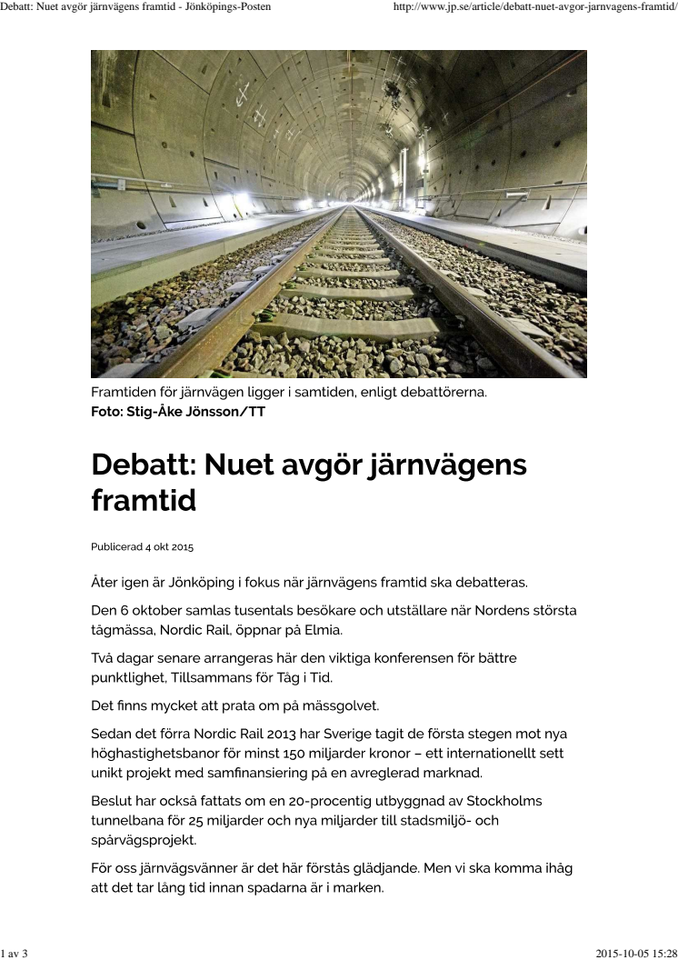 Nuet avgör järnvägens framtid - Debattartikel Jönköpings-Posten
