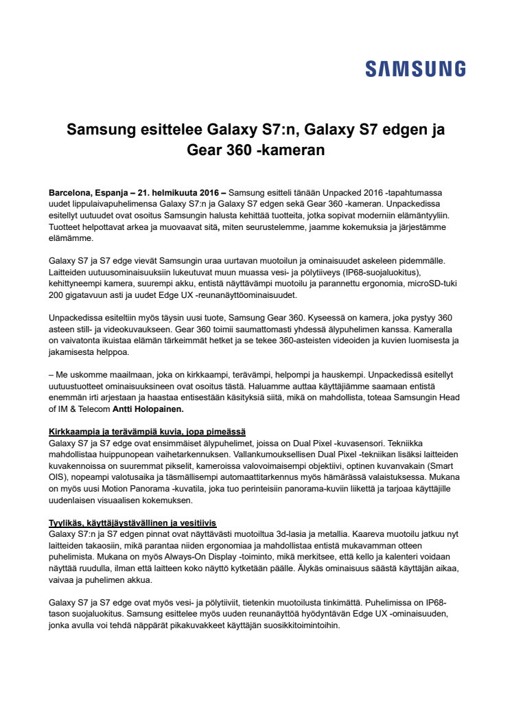 Samsung esittelee Galaxy S7:n, Galaxy S7 edgen ja Gear 360 -kameran