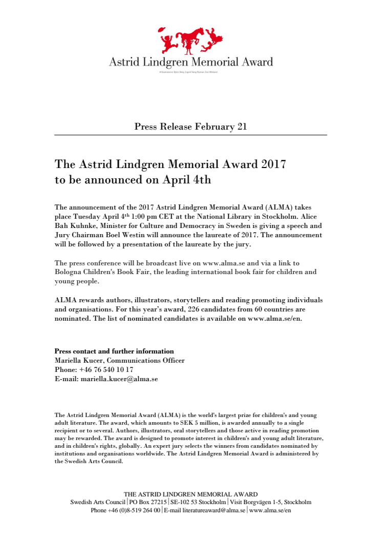 The Astrid Lindgren Memorial Award 2017 to be announced on April 4th