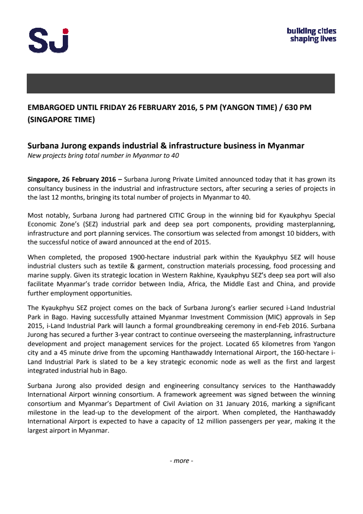 Surbana Jurong expands industrial & infrastructure business in Myanmar