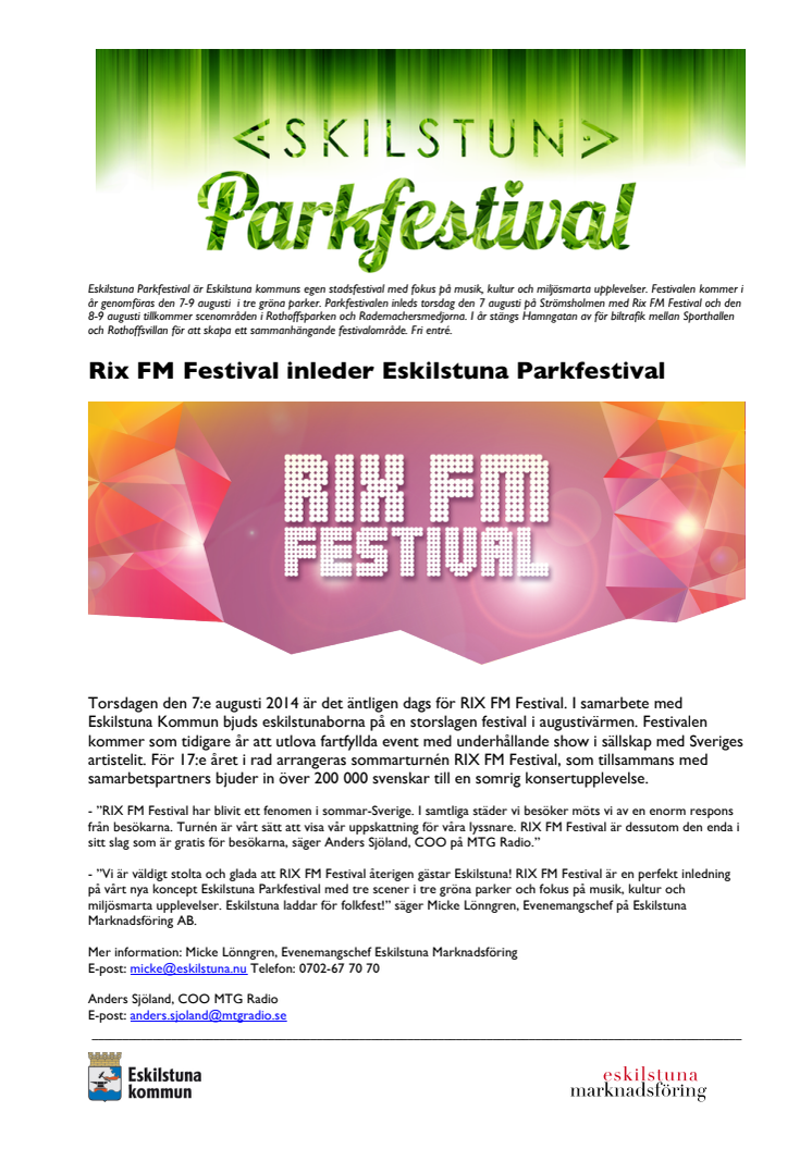 Rix FM Festival inleder Eskilstuna Parkfestival