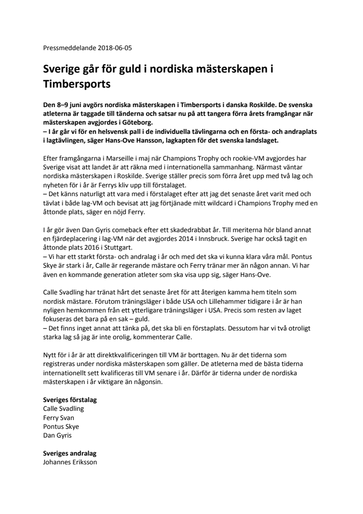 Sverige går för guld i nordiska mästerskapen i Timbersports