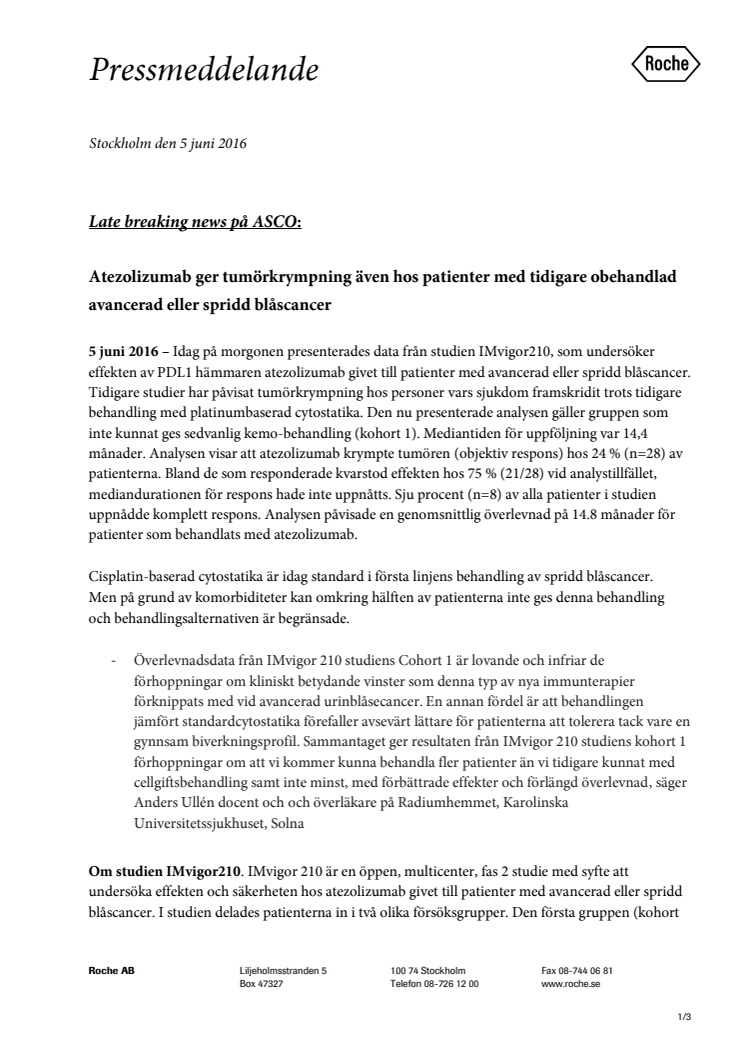 Atezolizumab ger tumörkrympning även hos patienter med tidigare obehandlad avancerad eller spridd blåscancer