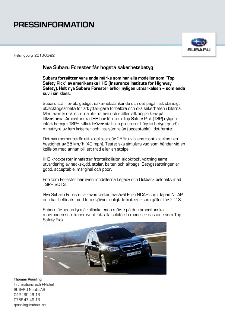 Nya Subaru Forester får högsta säkerhetsbetyg