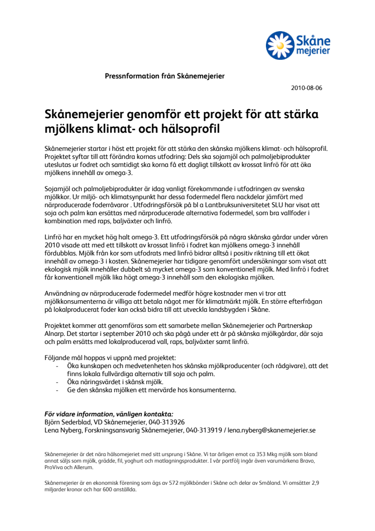 Skånemejerier genomför ett projekt för att stärka mjölkens klimat- och hälsoprofil