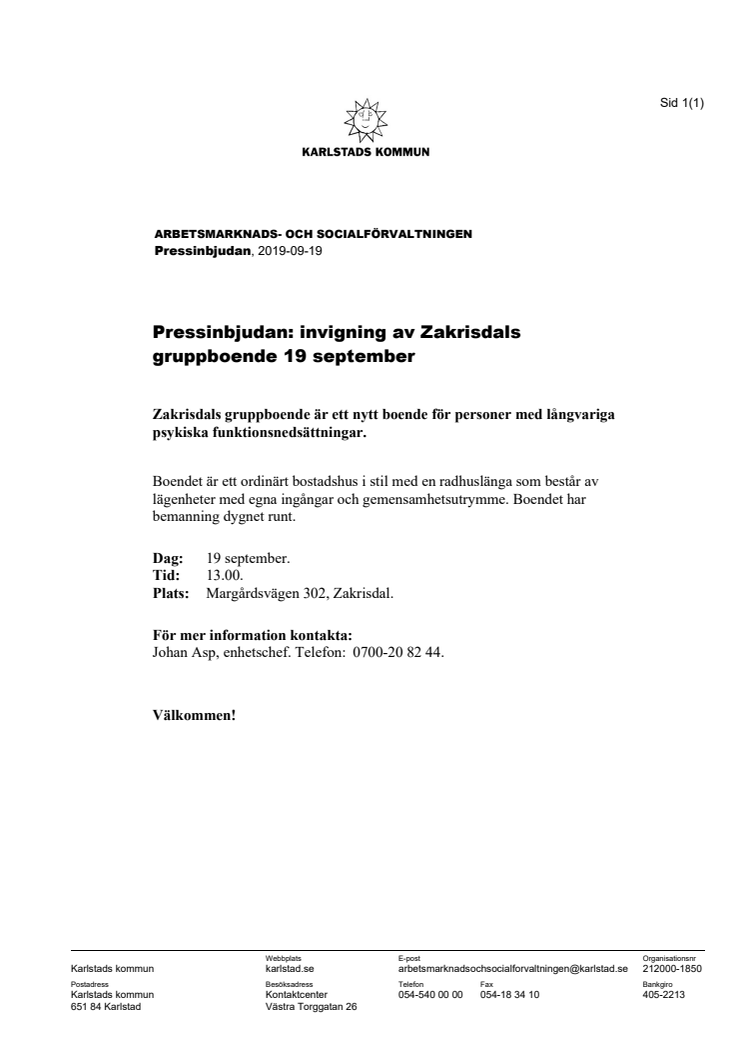 Pressinbjudan: invigning av Zakrisdals gruppboende 19 september