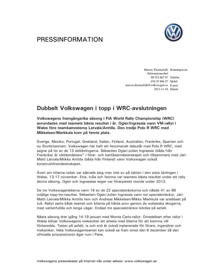 Dubbelt Volkswagen i topp i WRC-avslutningen