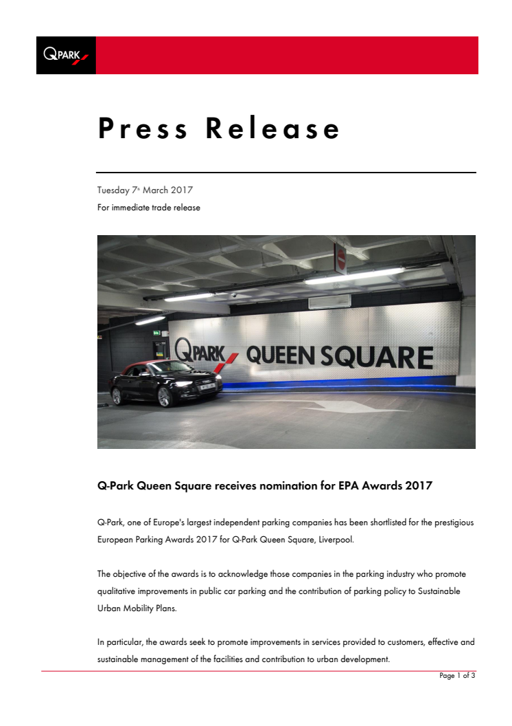 Q-Park Queen Square receives nomination for EPA Awards 2017