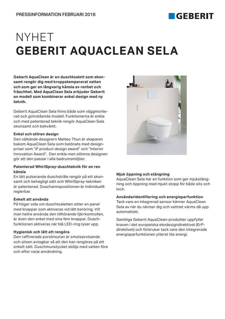 Pressinformation om AquaClean Sela
