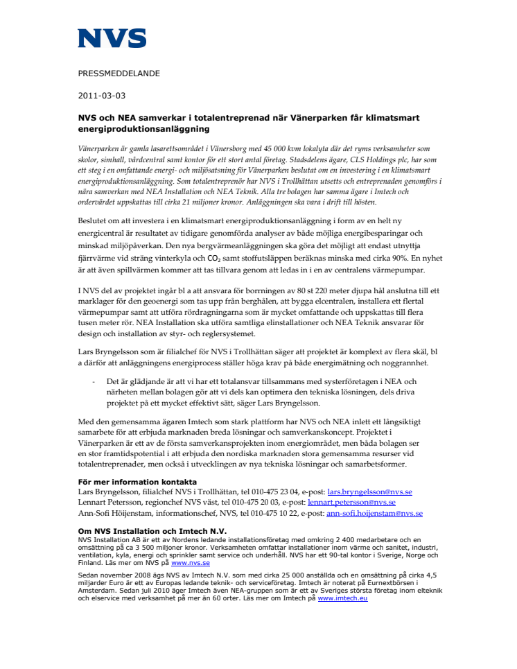 NVS och NEA samverkar i totalentreprenad när Vänerparken får klimatsmart energiproduktionsanläggning