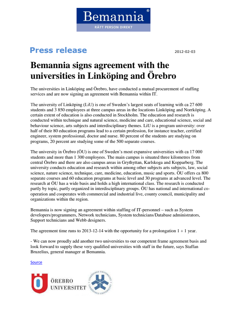 Bemannia signs agreement with the universities in Linkoping and Orebro